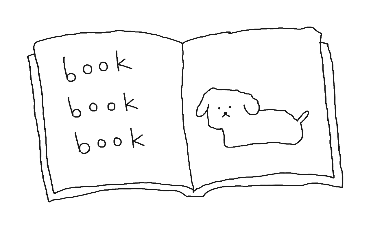 책 위에 book book book 글자와 강아지가 그려진 Bookbookbook 그림